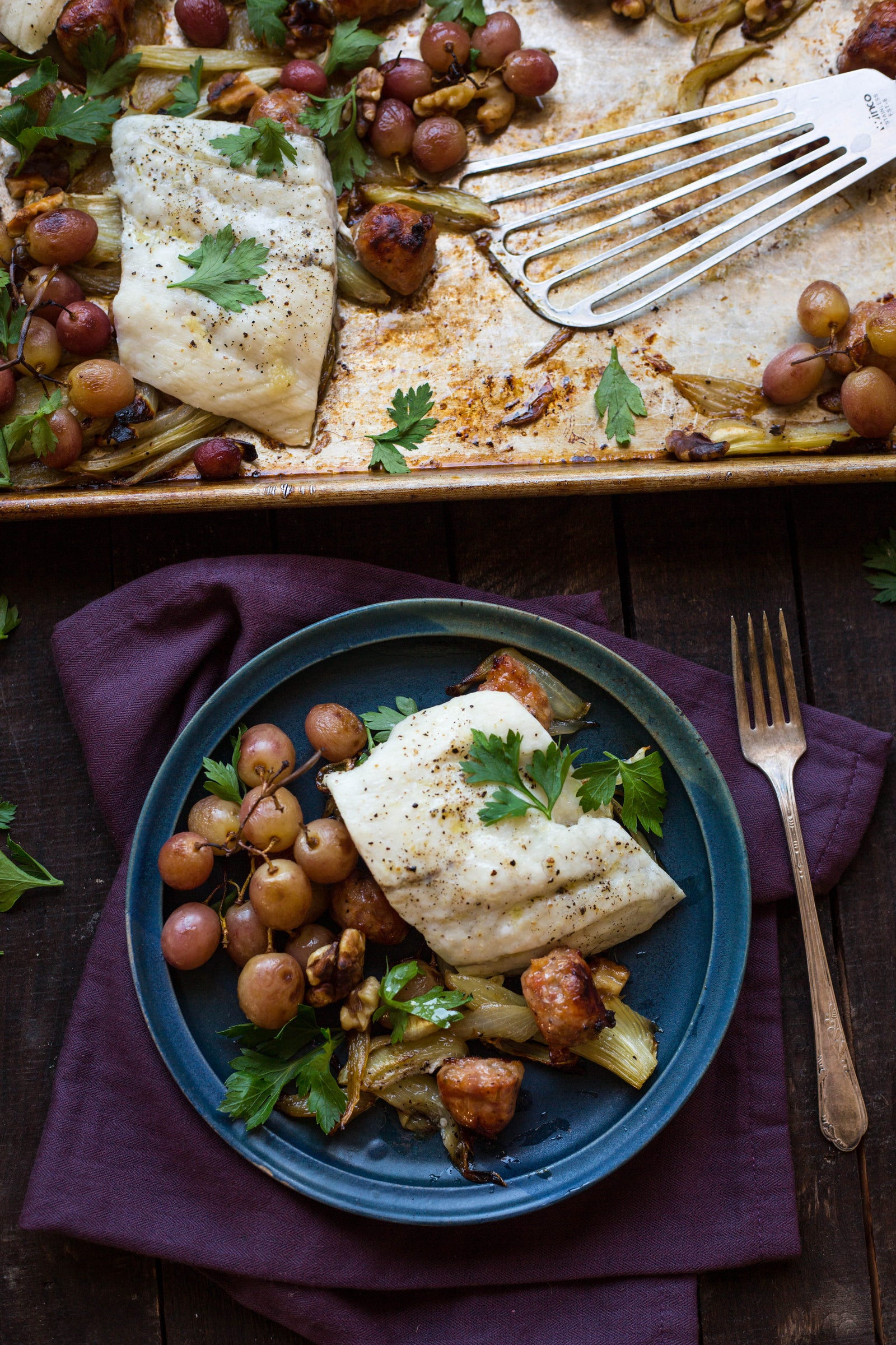 Barramundi Sheet Pan Supper with Fennel, Sausage, and Grapes