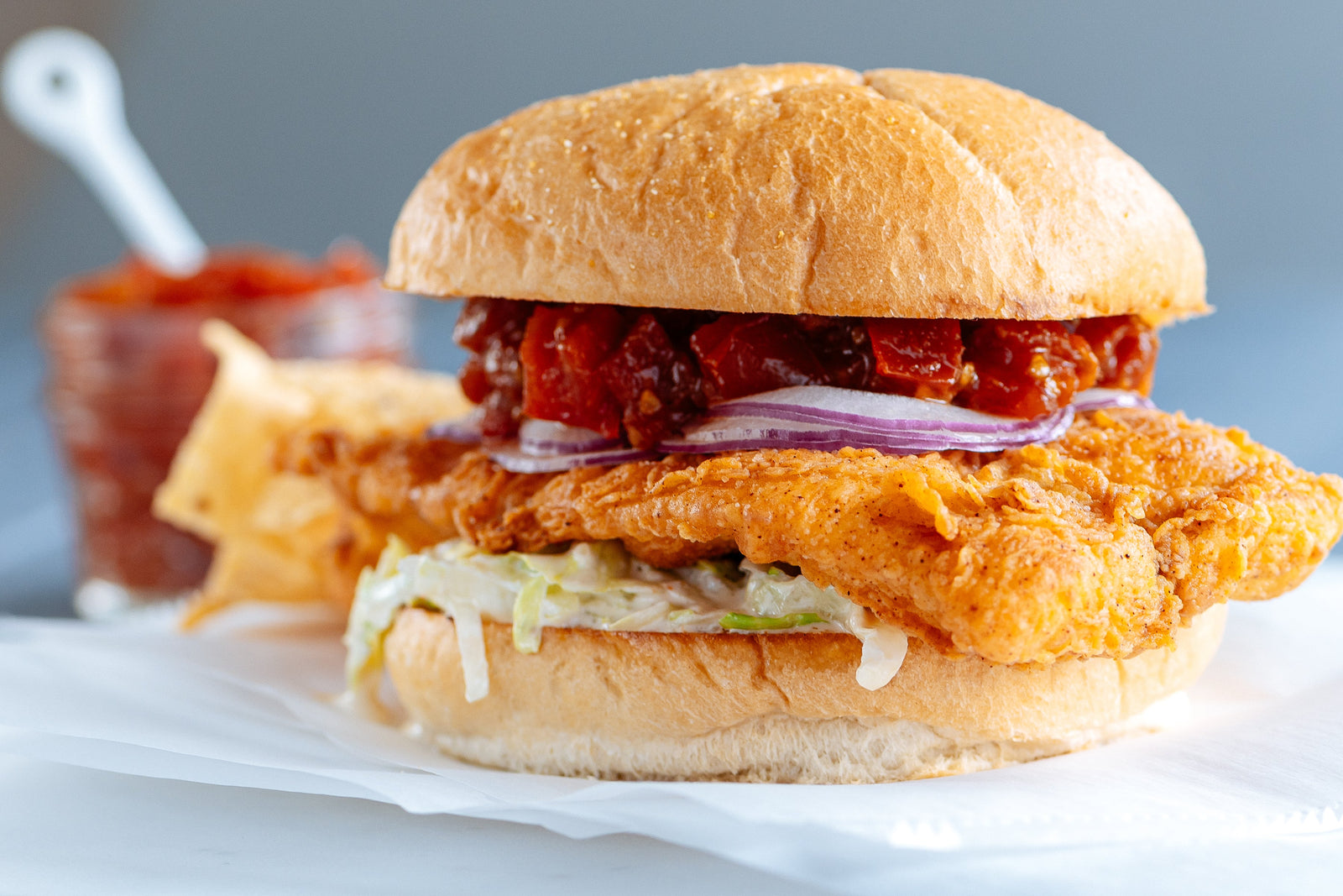 Crispy Barramundi Sandwich with Roasted Red Peppers and Crunchy Slaw