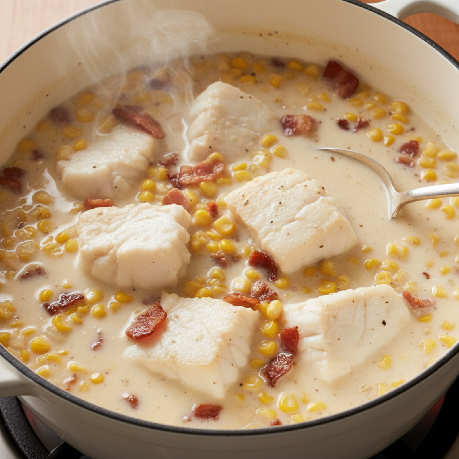 Roasted Corn, Bacon, and Barramundi Fish Chowder