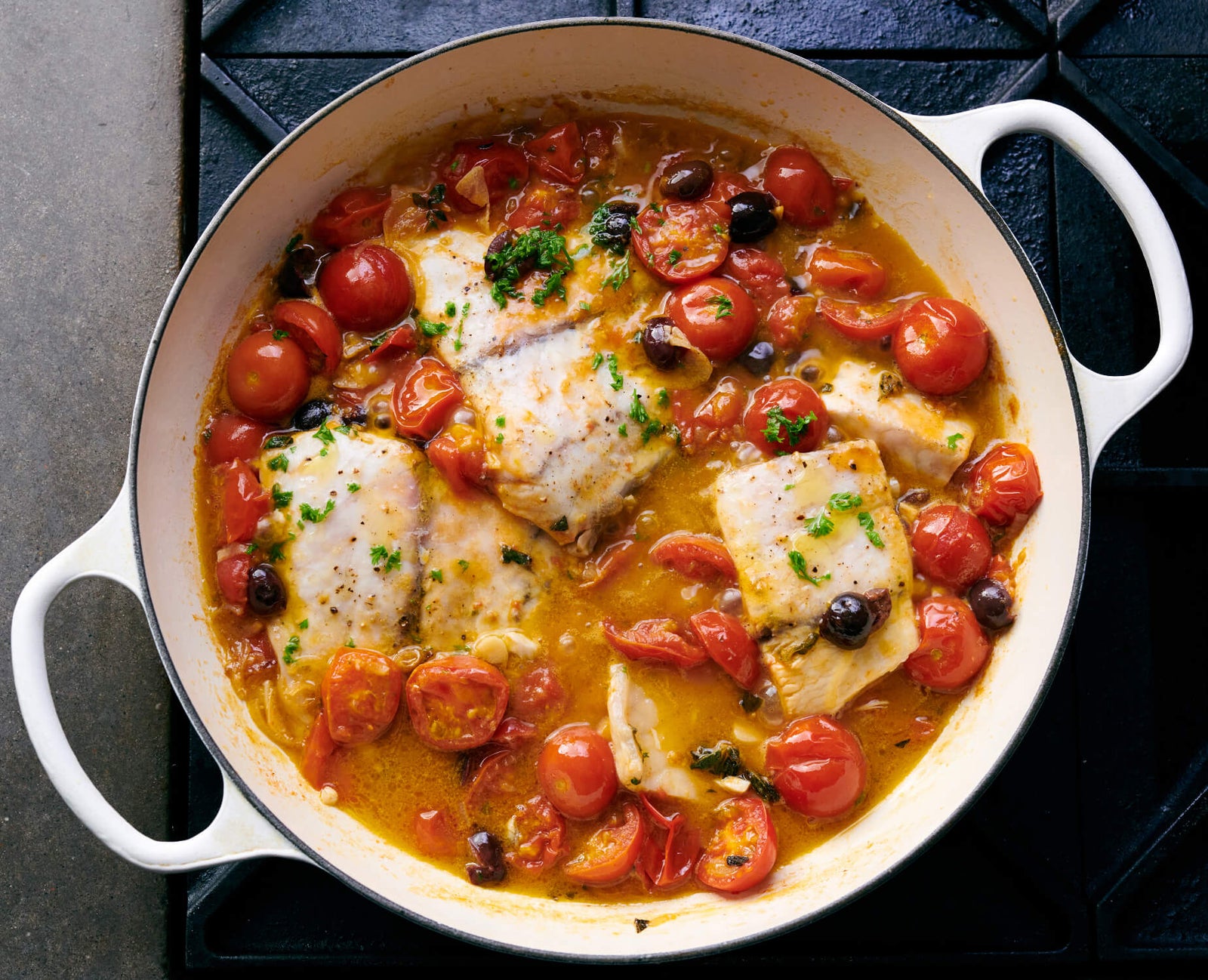 Barramundi with Tomatoes and Olives