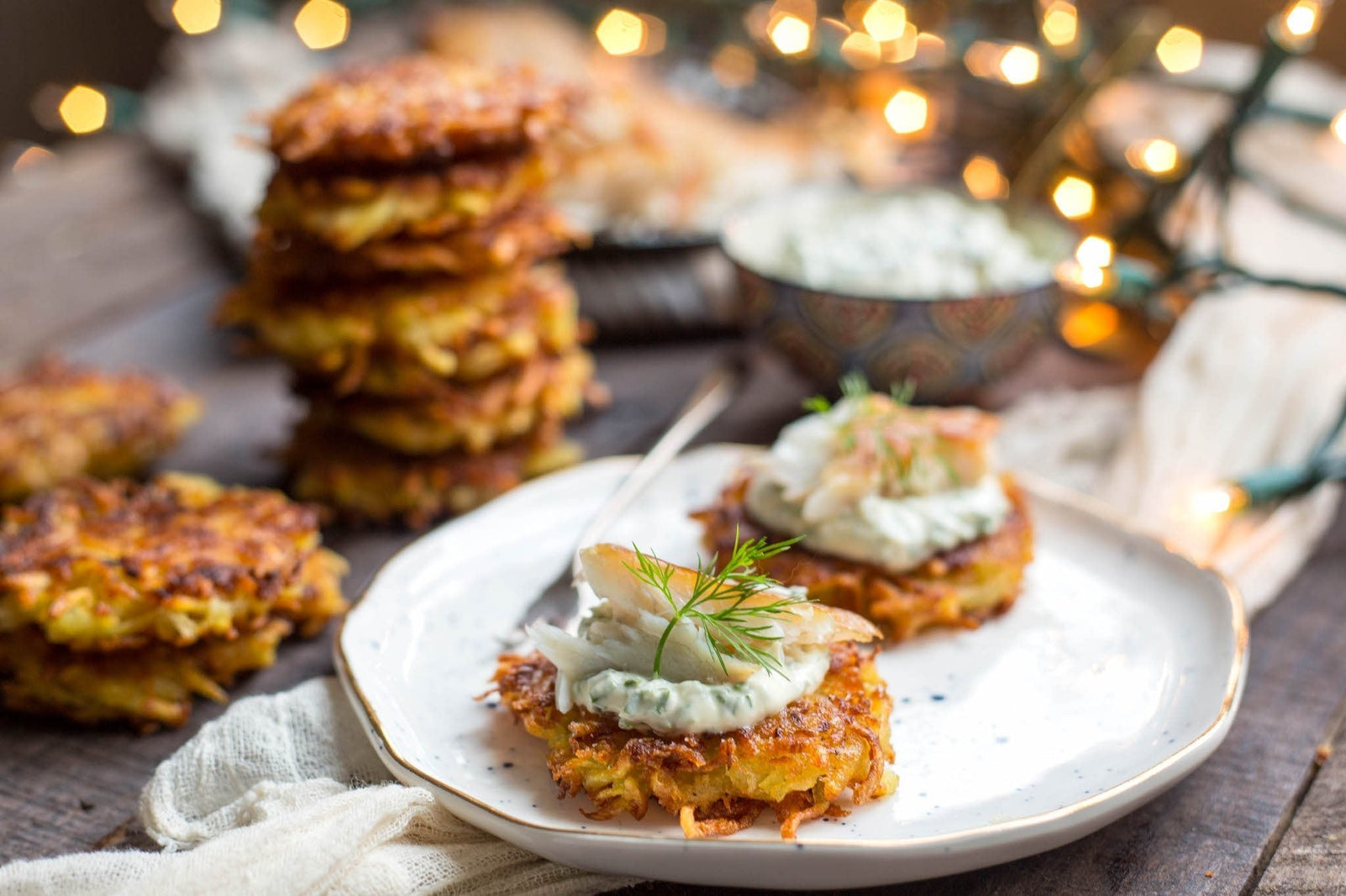 Potato Latkes with Smoked Barramundi and Herbed Creme Fraiche