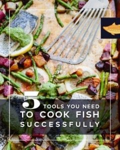 Plate with fish spatula, text overlay: 5 tools you need to cook fish successfully