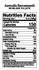 Australis Skinless 6oz 168g Nutrition Facts Label