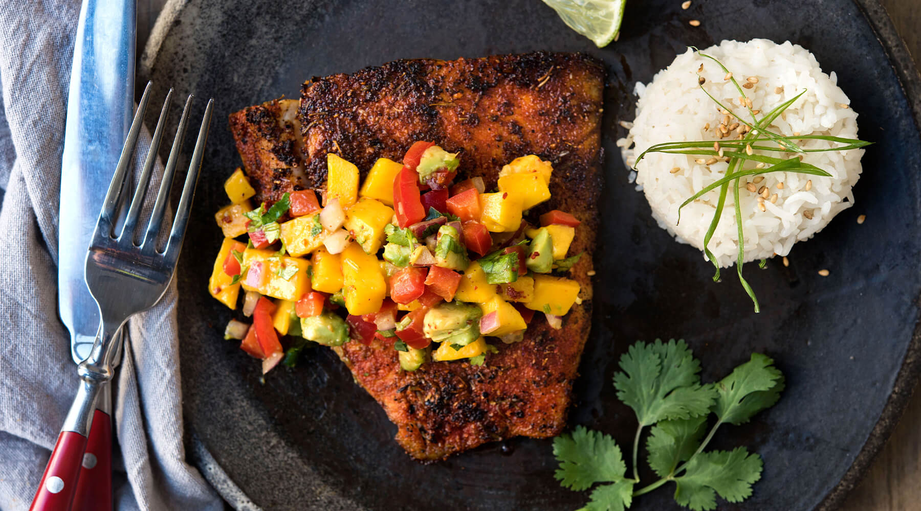 Blackened Barramundi with Mango-Avocado Salsa