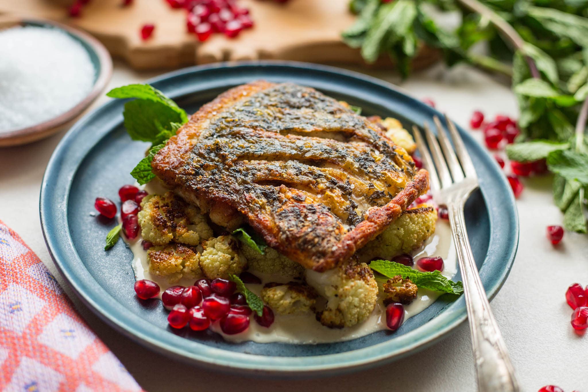 Pan Seared Barramundi with Cauliflower, Tahini, and Pomegranate | The ...